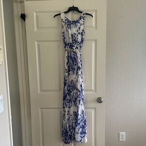 Eliza J Blue and White Floral Maxi Dress with Belt